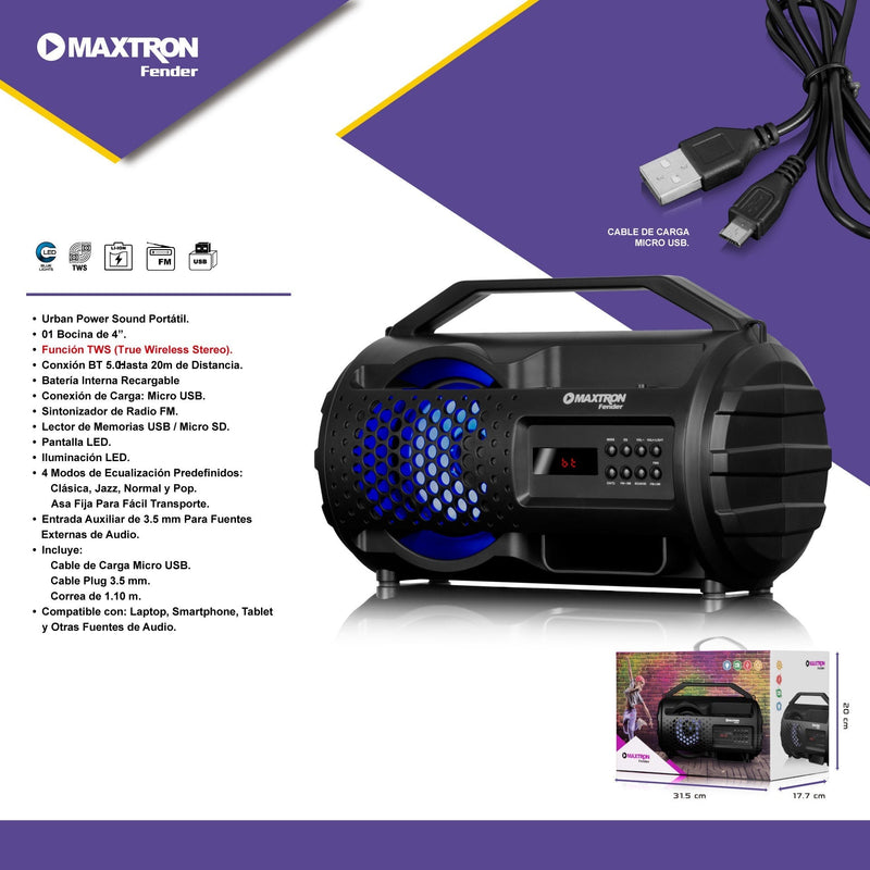 Parlante Bluetooth Maxtron MX215BT Con Bocina de 4” Bateria Interna