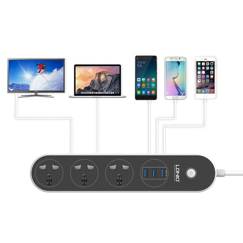Supresor de Picos  LDNIO SC3301  3 Salidas + 3 Puertps USB Carga Rapida 3.1A
