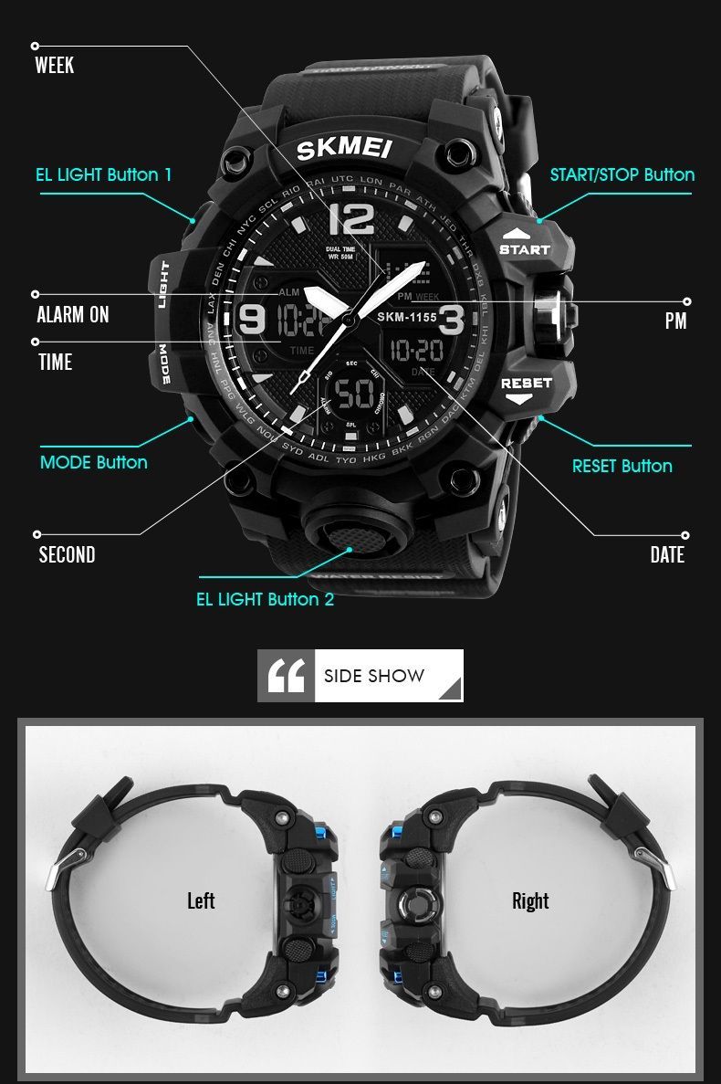 Reloj SKMEI 1155B Analogico y Digital Acuático Antigolpes Cronometro y Alarma