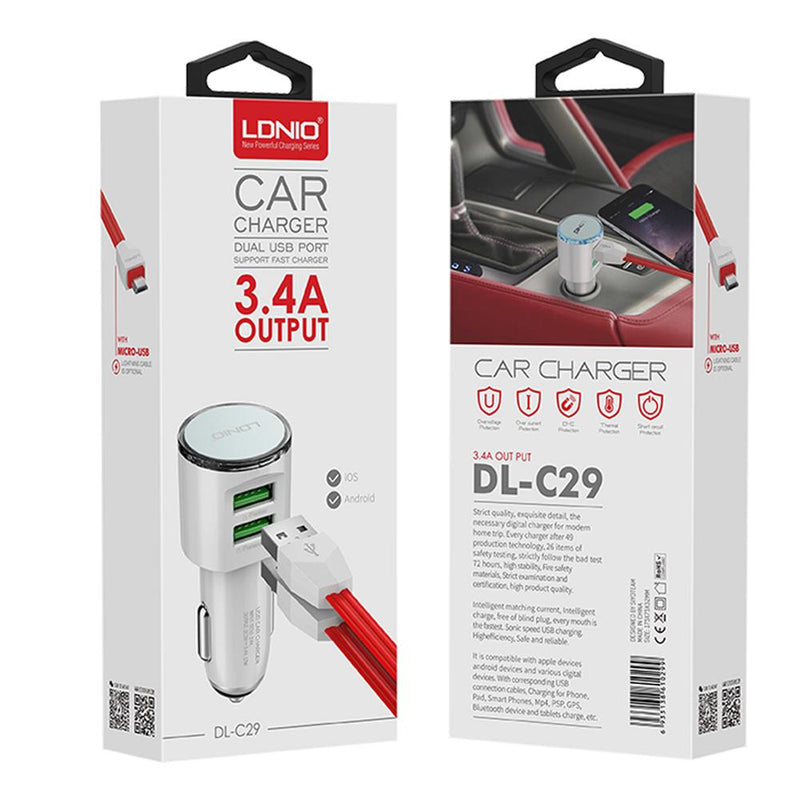 Cargador Para Auto LDNIO DL-C29 3.4A Carga Rapida con Doble Puerto USB  + Cable Micro USB