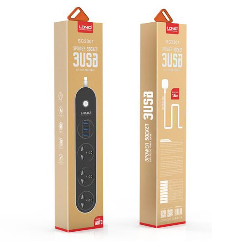 Supresor de Picos  LDNIO SC3301  3 Salidas + 3 Puertps USB Carga Rapida 3.1A